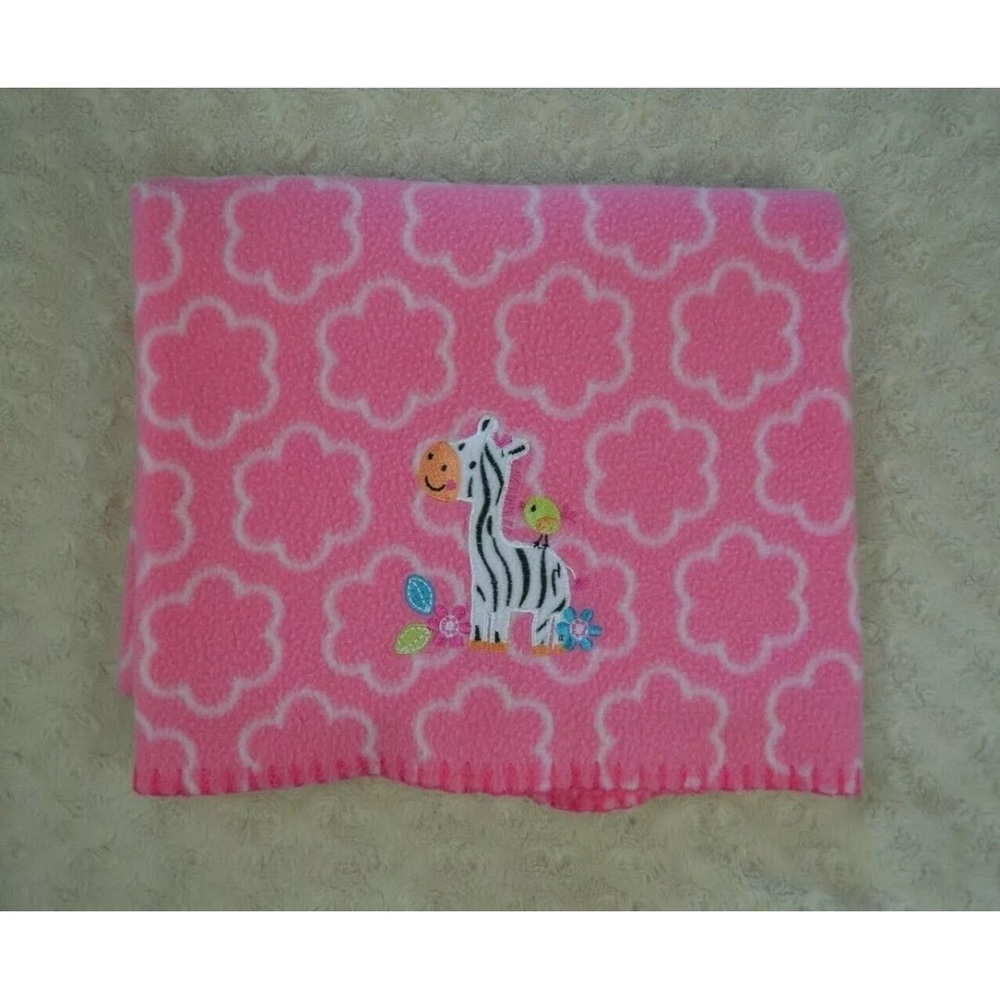Garanimals Zebra Baby Blanket Pink White Blue Flowers Fleece Stitched Edge Bird